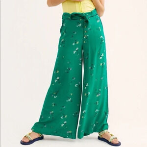 NWOT Free People Bennie Floral Green Printed Trouser Pants Wide Leg Sz 4